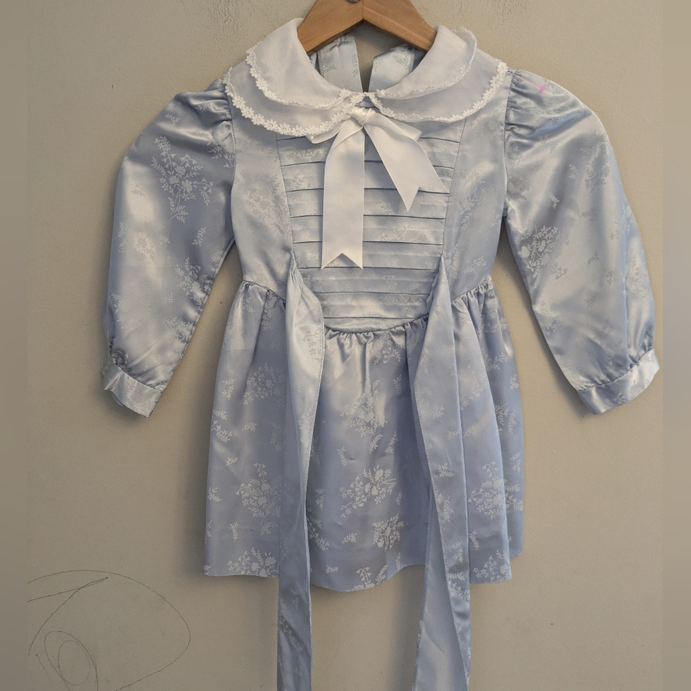Vintage Bonnie Jean Blue Satin Floral Sailor Dress Size 4 Union Made